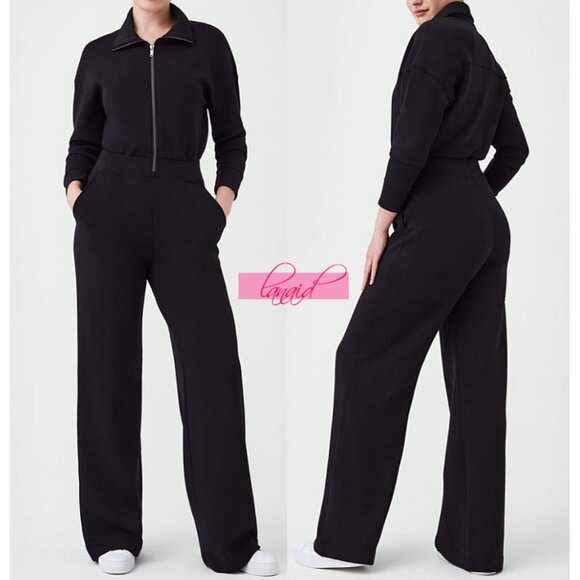 SPANX Pants - Spanx AirEssentials Long Sleeve Wide Leg Jumpsuit Black Zip-Up V-Neck Romper LP